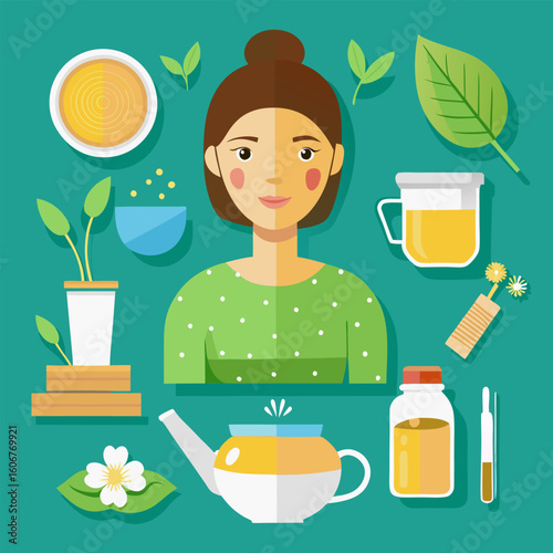 Woman with light brown hair in a green dotted shirt. sitting in a room surrounded by tea. herbs. and natural beauty products.