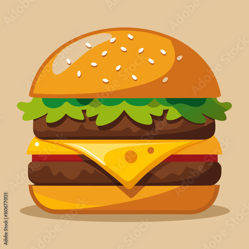 Cartoon depiction of a cheeseburger with vibrant colors and simple design. Isolated fast food item in a neutral background. presented as a flat illustration.