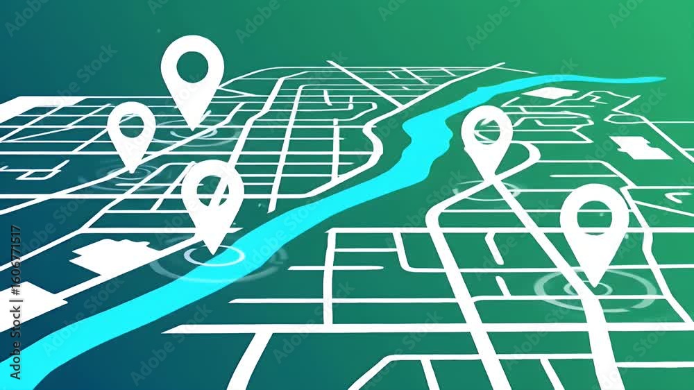 gps map navigator system animation. route destination 3d city streets ...