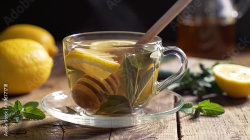 Warm lemon tea in a glass cup with slices of lemon, herbs, and a wooden spoon