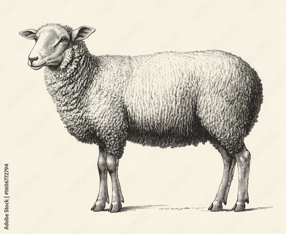 Obraz premium Detailed Illustration of a Woolly Sheep Standing in Profile Against a Neutral Background