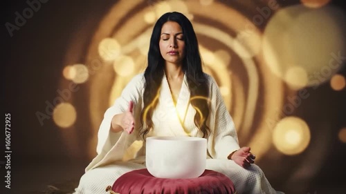 Woman meditating with sound bowl
