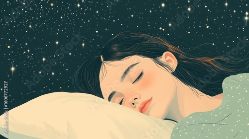 Peaceful young woman sleeping peacefully under a starry night sky filled with twinkling stars and cosmic beauty