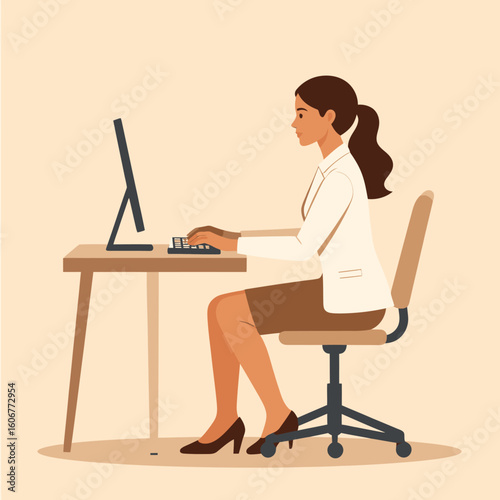 Woman working at desk, computer, office, professional, focused, typing.