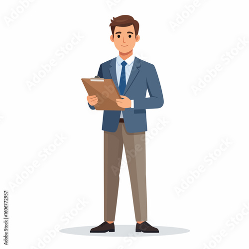 A professional young businessman in a suit and tie stands while holding a clipboard.