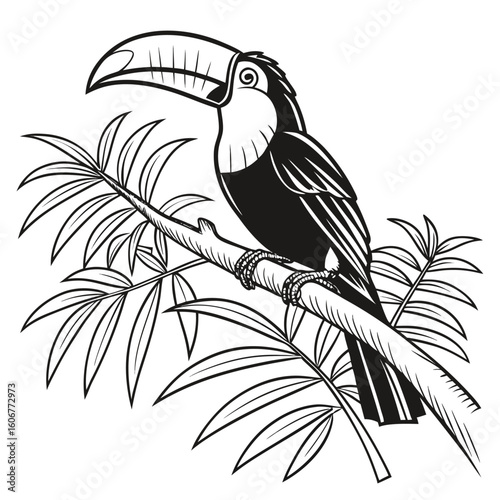 Line art illustration of a tropical toucan bird perched on a jungle branch.