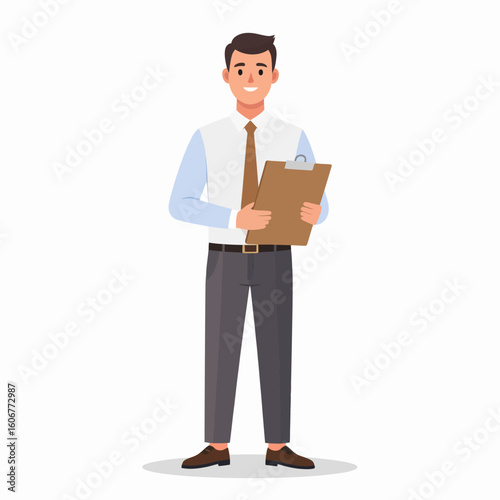 A smiling young businessman in a shirt and tie stands holding a clipboard.