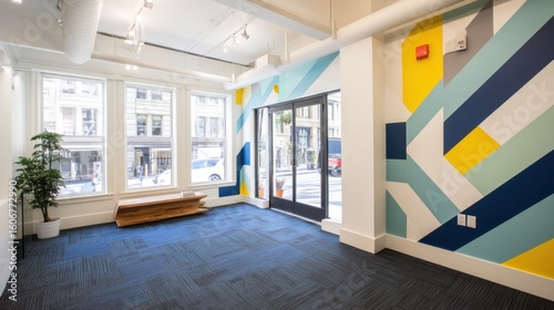 Modern venue with geometric paintings, large windows, and an indoor planter in a neat and colorful space.
