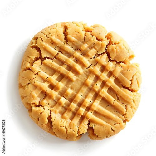 Close-up of a single peanut butter cookie with a crisscross pattern