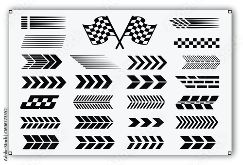 Vector illustration of racing stripe decals with motorsport patterns, black silhouette finish line icons, dynamic speed curves, and competition flag graphics for car and bike wraps