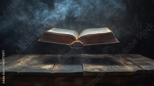Antique Book Levitating Above Dark Wooden Surface with Smoke 