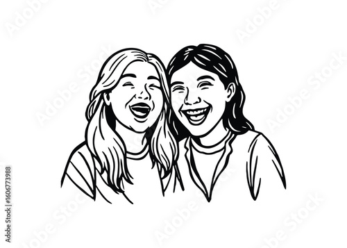 Silhouette of two girl best friend laughing together isolated on a white background