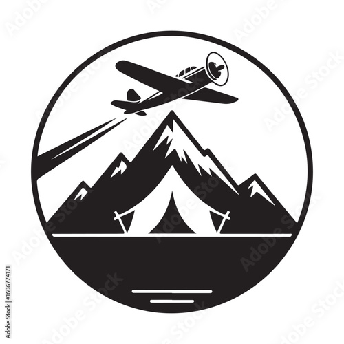 A black and white illustration of a plane over a tent and mountains
