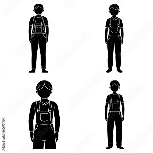 Four black silhouette figures wearing overalls standing in a row on a white background design layout
