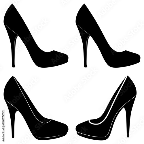 Illustration of four black high heel shoes arranged in a square pattern on a white background design style