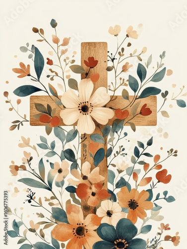 Watercolor Floral Cross with Wildflowers - Abstract Spiritual Art. AI generative.