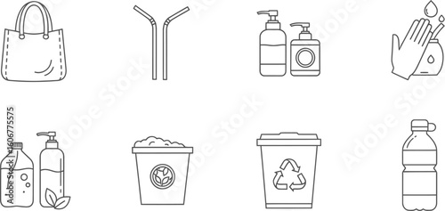 isolated line art icons: eco-friendly products and hygiene practices