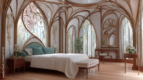 art nouveau bedroom, curved organic lines, floral motifs, stained glass, natural materials, elegant romantic feel 