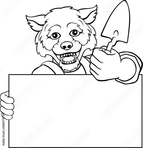 A bricklayer wolf handyman cartoon construction mascot character holding a trowel tool