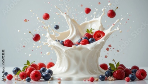Yogurt splash bursting mid-air, mixed with colorful berries and fruits on a clean white background for freshness