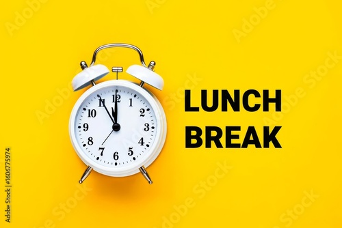 Lunch break time,Time for Lunch, Alarm clock on yellow background.