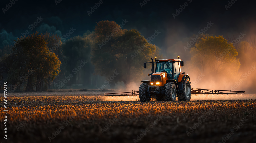 Fototapeta premium Farm Machinery Working In Field At Sunset