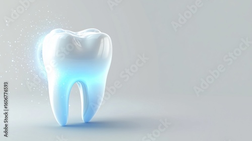 A 3d molar tooth with blue light orbiting around it on white background
