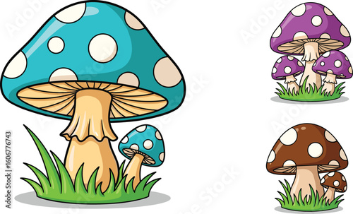 Cartoon mushroom character illustration, colorful whimsical fungi collection, playful nature art design, fantasy mushroom scene sketch, vibrant kids content, unique mushroom vector template
