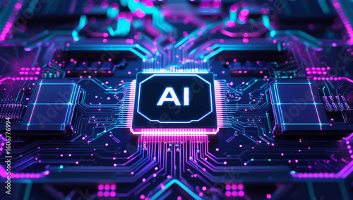 Futuristic ai chip glowing with neon blue and pink light on a circuit board