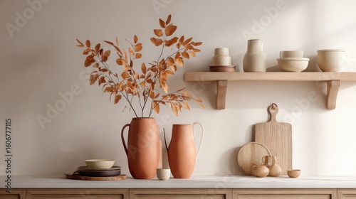 cozy autumn kitchen interior, warm terracotta accents, dry leaves in vase, soft lighting, wooden shelves with ceramics, rustic minimalism, neutral palette