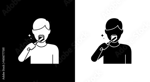 Two stylized icons depicting a person brushing their teeth, one in black and white.