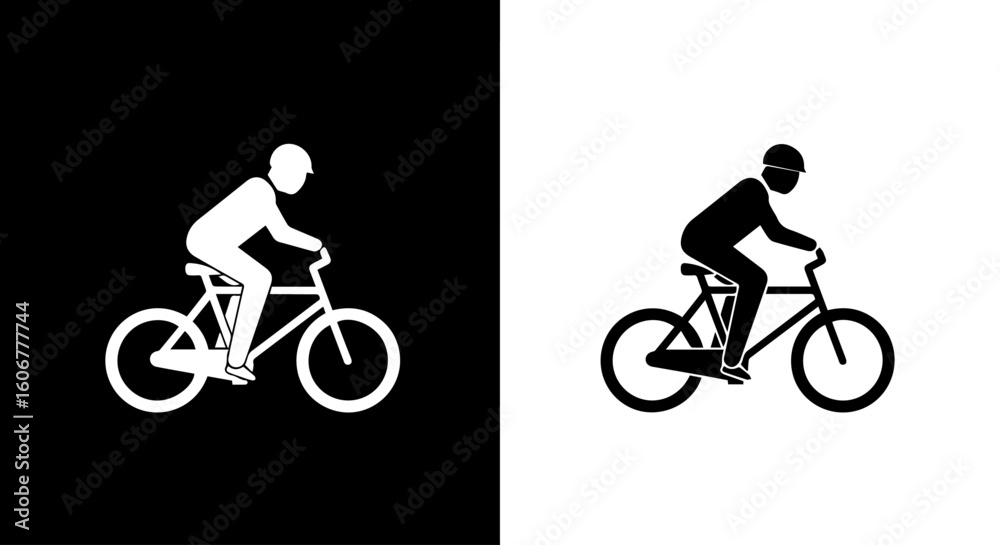 Fototapeta premium Two contrasting silhouettes of a person riding a bicycle, one white, one black.