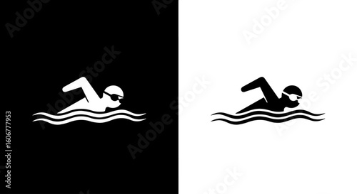 Black and white swimmer icons, depicting a person swimming freestyle in water.