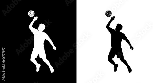 A male volleyball player jumps to serve or spike the ball, shown in positive and negative silhouette.