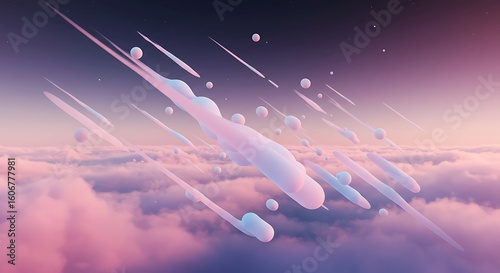 Abstract illustration of stylized, floating cloud formations, descending through a pastel sky.
