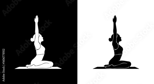 Woman in yoga pose, stretching with arm raised, shown in black and white versions.