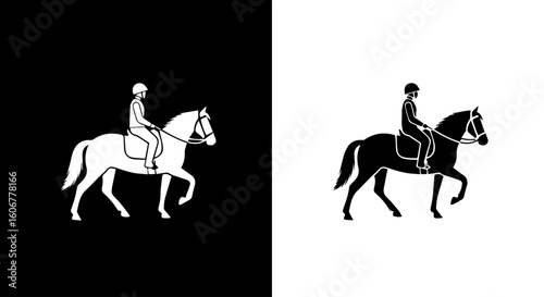 Silhouette illustration of a person riding a horse, shown in both black and white versions.