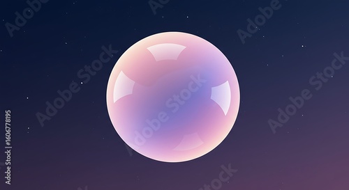 A luminous, iridescent sphere floats against a dark, starry gradient background, creating a dreamy, ethereal atmosphere.