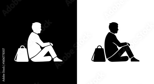 Illustration of a person sitting on the ground with a bag, depicted in both black on white and white on black.