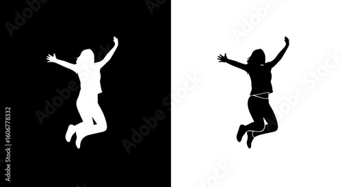 Two black and white silhouettes of a woman jumping with joy, contrasting backgrounds.