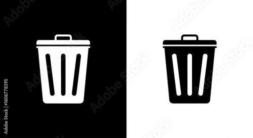Two trash can icons, one white on black, one black on white, illustrating waste disposal concept.