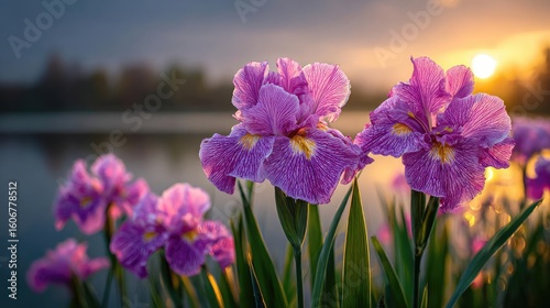 Iris balance in mood with flare concept. Beautiful purple irises blooming by a serene lake at sunset.
