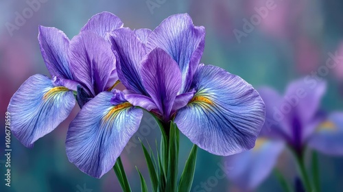 Iris balance in mood with flare concept. Beautiful purple irises blooming in a serene garden setting.