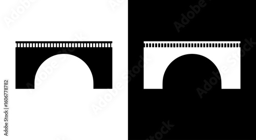 A bridge illustration, presented in black and white, with contrasting color schemes on each side.