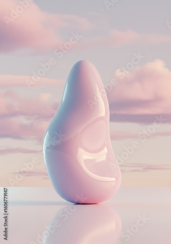 A smooth, pale pink abstract form rests on a reflective surface against a pastel sunset sky.