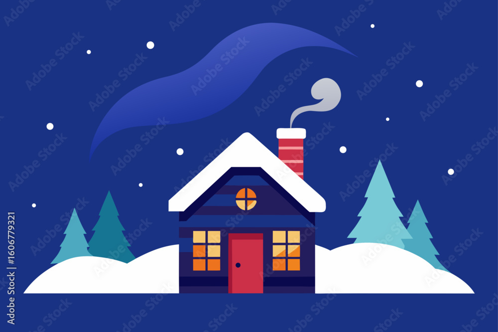 Fototapeta premium cozy house night chimney smoke santa flying snow winter magic