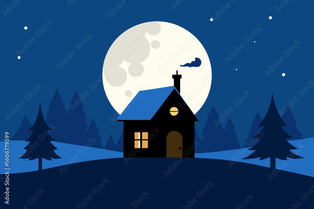 Naklejka premium Winter Cottage with Santa and Full Moon Night