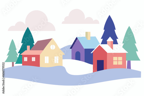 Watercolor Snowy Suburban Neighborhood View