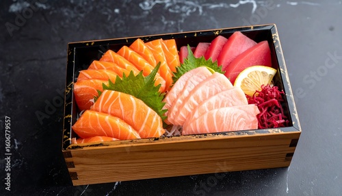 Assorted fresh fish sashimi in a wooden box