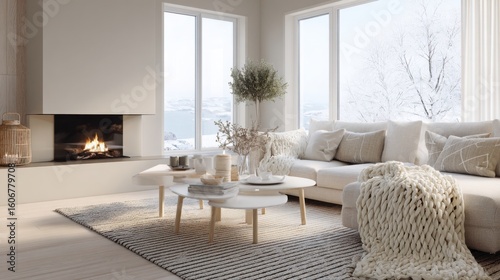 warm winter living room interior, soft blankets, light beige tones, snowy view outside window, modern fireplace, simple neutral furniture, cozy Scandinavian decor 